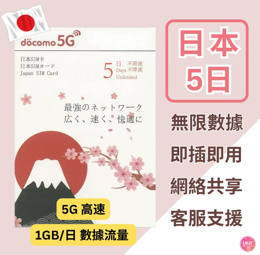 Docomo - 日本【5日】日本 4/5G 極高速日本 無限數據卡 日本上網卡 日本電話卡旅行電話咭 Data 日本Sim咭 (東京,大阪,富士山,沖繩等)