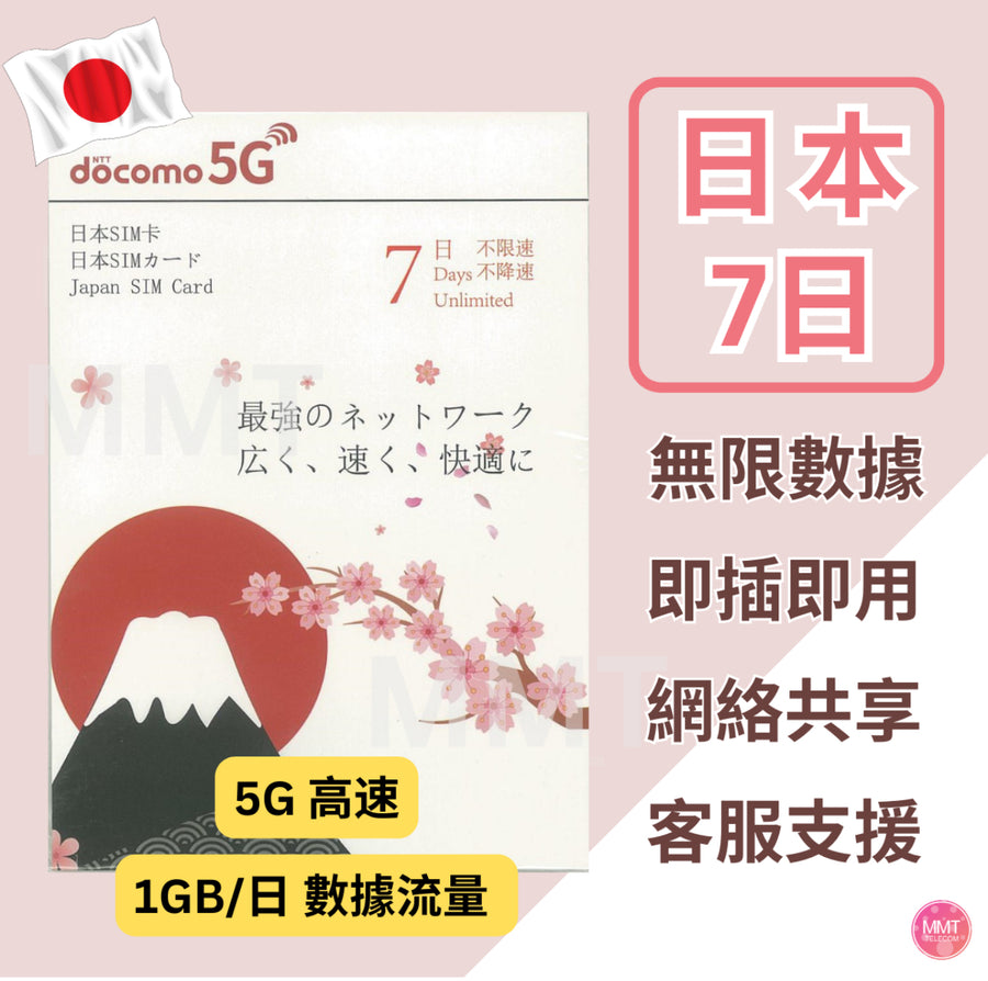 Docomo - 日本【7日】日本 4/5G 極高速日本 無限數據卡 日本上網卡 日本電話卡旅行電話咭 Data 日本Sim咭 (東京,大阪,富士山,沖繩等)