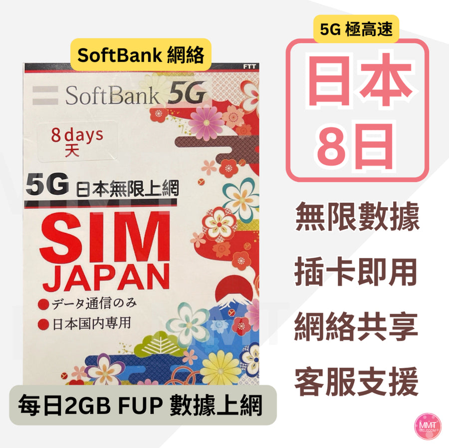 Softbank-日本卡原生卡[8日2GB/日FUP]日本卡5G/4G日本極高速 日本無限數據卡 日本上網卡 日本電話卡 日本旅遊電話卡DATA 日本sim卡