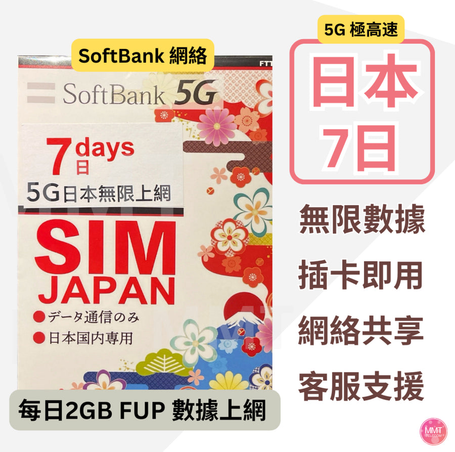 Softbank-日本卡原生卡[7日2GB/日FUP]日本卡5G/4G日本極高速 日本無限數據卡 日本上網卡 日本電話卡 日本旅遊電話卡DATA 日本sim卡