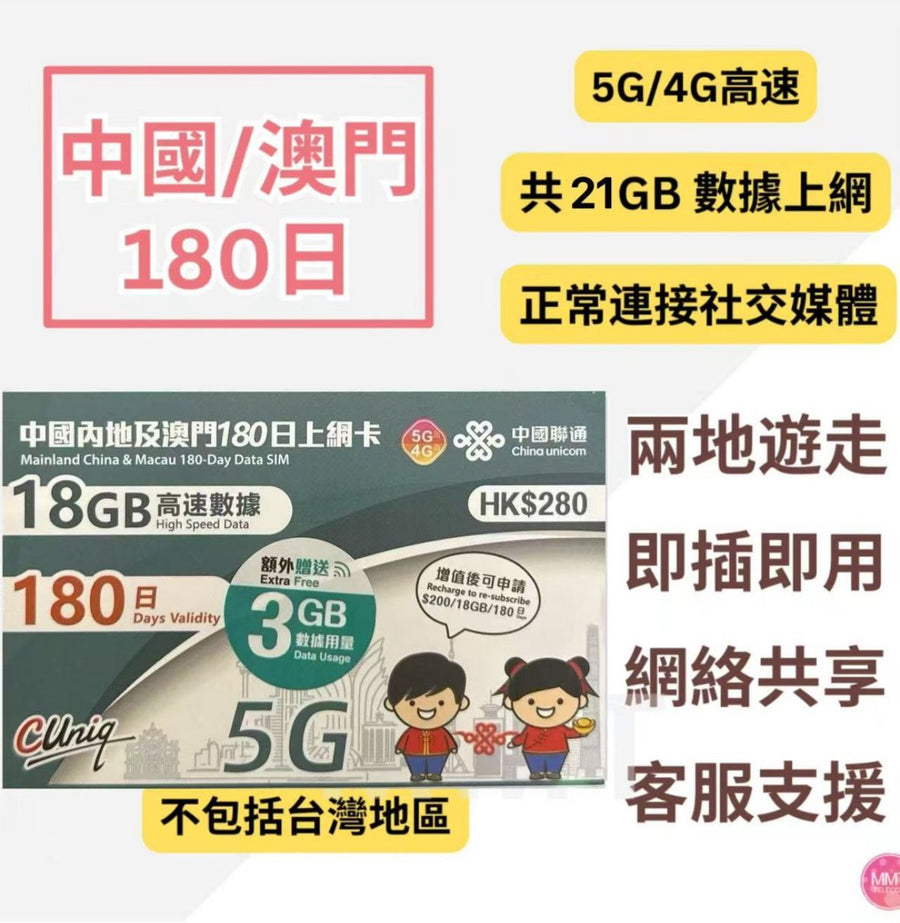 中國聯通 - 中國內地/大陸、澳門【180日 21GB】4G/5G高速數據上網卡 旅行電話卡 Data Sim咭(可連接各大社交平台及香港網站)