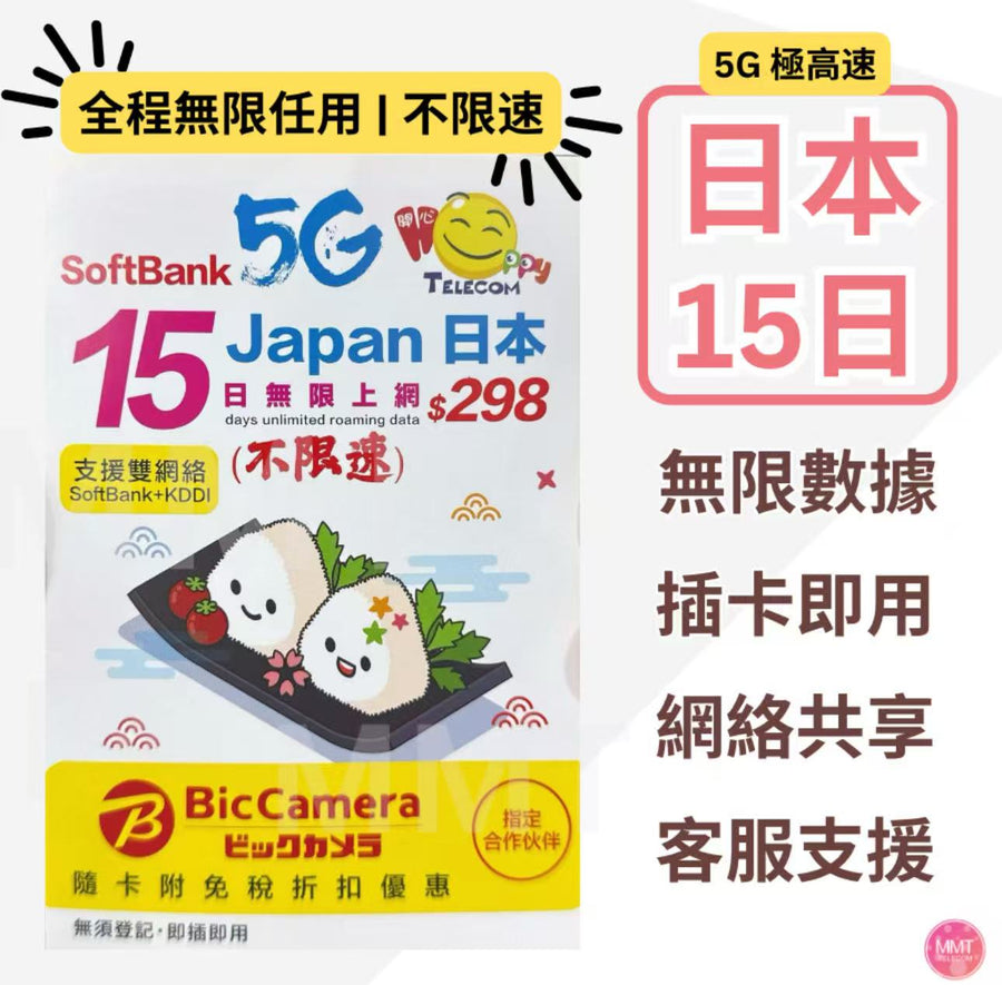 Softbank - 日本 真•無限上網【15日全程 5G不限速】雙網絡 Softbank+KDDI 極高速 無限數據卡 上網卡 電話卡 旅行電話咭 Data Sim咭