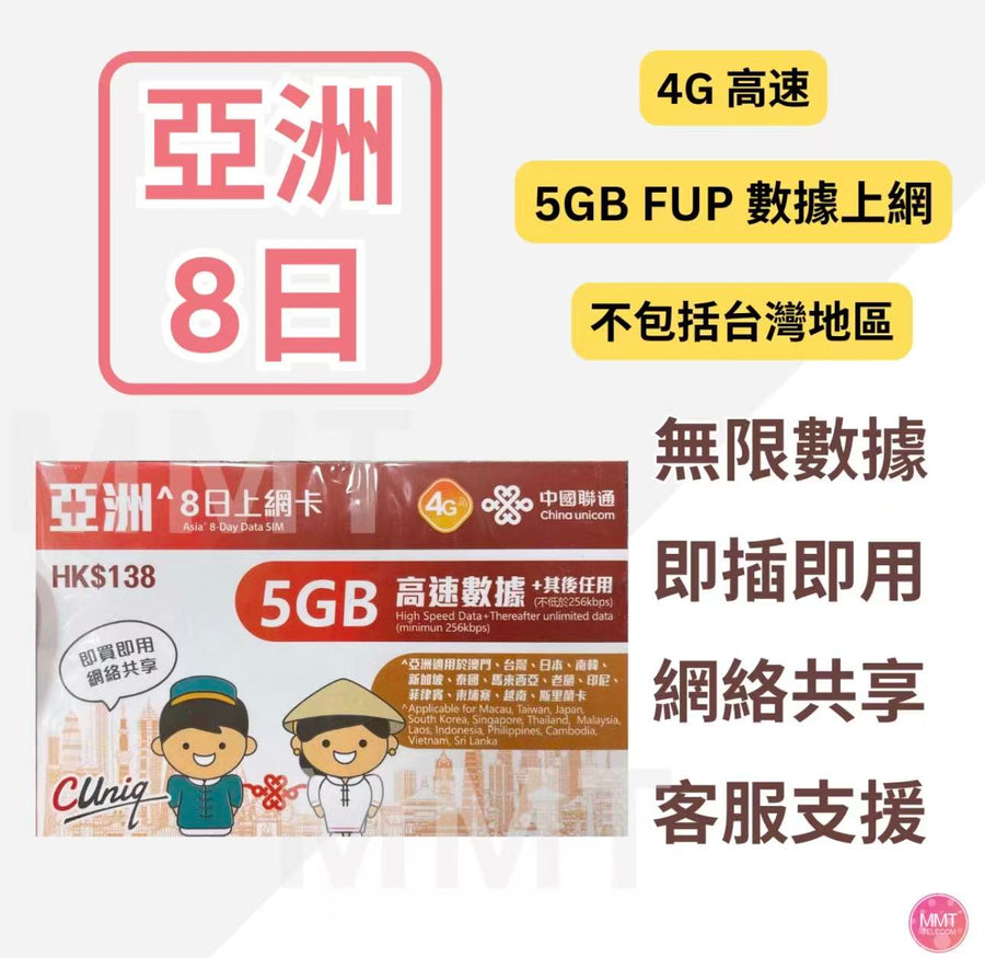 中國聯通 - 亞洲多國通用【8日 5GB FUP】4G/3G 高速無限數據卡 上網卡 電話卡 旅行電話咭 Data Sim咭