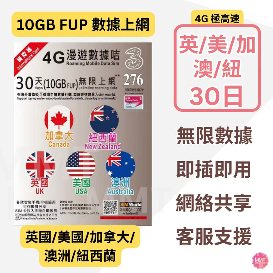 3香港 - 英國/ 美國/ 加拿大/ 澳洲/ 新西蘭【30日 10GB FUP】4G極高速 漫遊無限數據卡 上網卡 電話卡 旅行電話咭 Data Sim咭