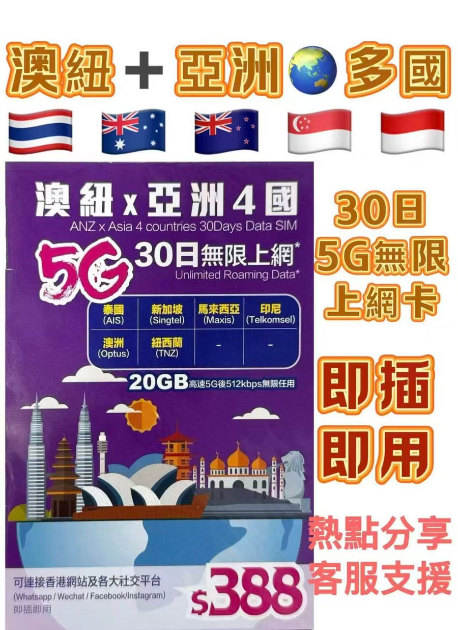 Lucky - Lucky Sim 亞洲 澳洲 紐西蘭 年卡【30日6國共用 數據卡20GB 】5G 數據漫遊年卡 數據卡 上網卡 旅行電話卡 Data Sim咭 (可連接各大社交平台及香港網站)