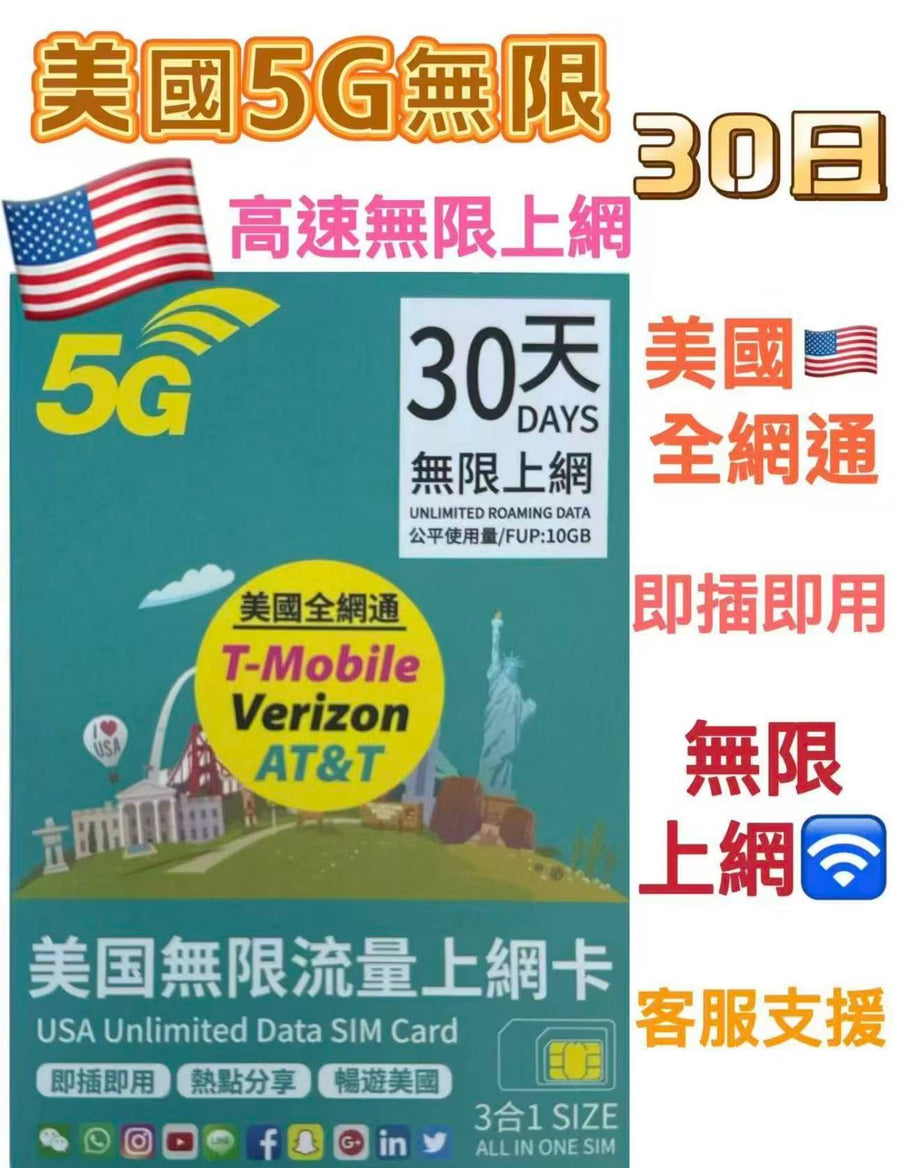 中國聯通 - 美國 全網通【30日】 10GB 高速 5G/4G高速無限 數據卡 上網卡 旅行電話咭 Data Sim咭