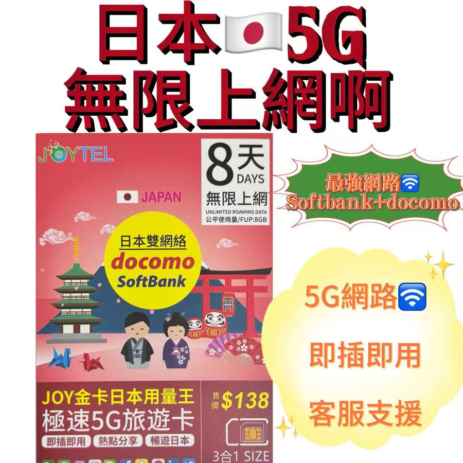 Softbank - 日本 全網通金卡【8日 8GB FUP】5G 極高速 無限數據卡 上網卡 電話卡 旅行電話咭 Data Sim咭