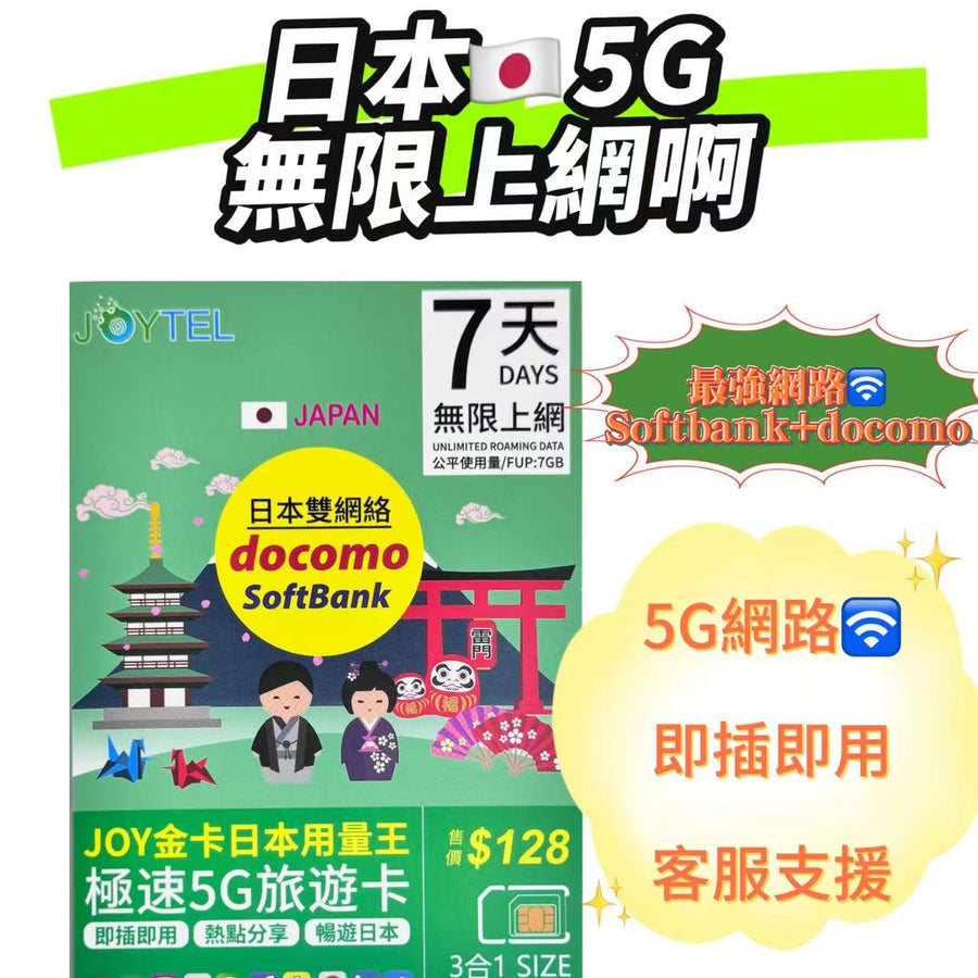 SoftBank - 日本 全網通金卡【7日 7GB FUP】5G 極高速 無限數據卡 上網卡 旅行電話咭 Data Sim咭