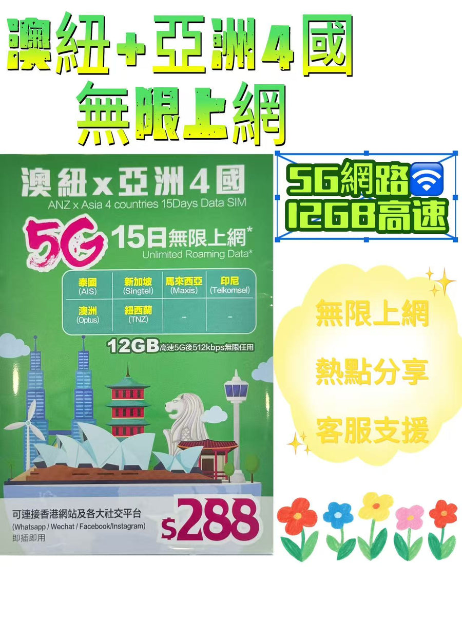 Lucky - 亞洲 澳洲 紐西蘭 【15日6國共用 數據卡12GB 】5G 數據漫遊 數據卡 上網卡 旅行電話卡 Data Sim咭 (可連接各大社交平台及香港網站)