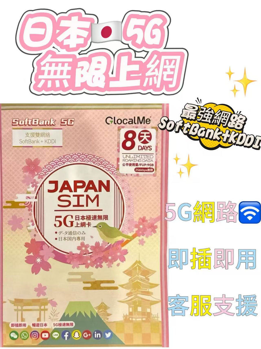 GlocalMe - SoftBank+KDDI 雙網絡日本 8日 9GB FUP 4G/5G 極高速 無限數據卡 上網卡 電話卡 旅行電話咭 Data Sim咭