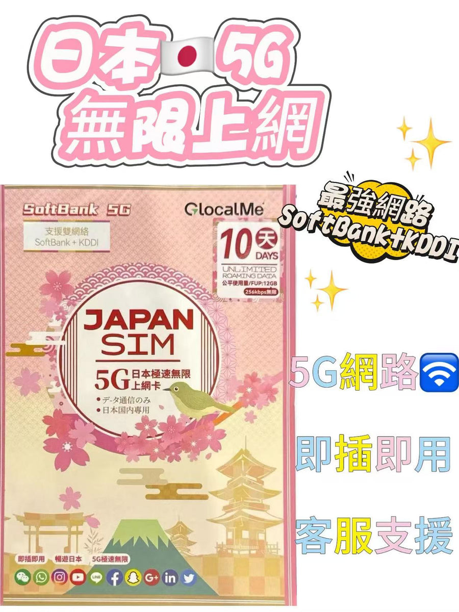 GlocalMe - SoftBank+KDDI 雙網絡日本 10日 12GB FUP 4G/5G 極高速 無限數據卡 上網卡 電話卡 旅行電話咭 Data Sim咭