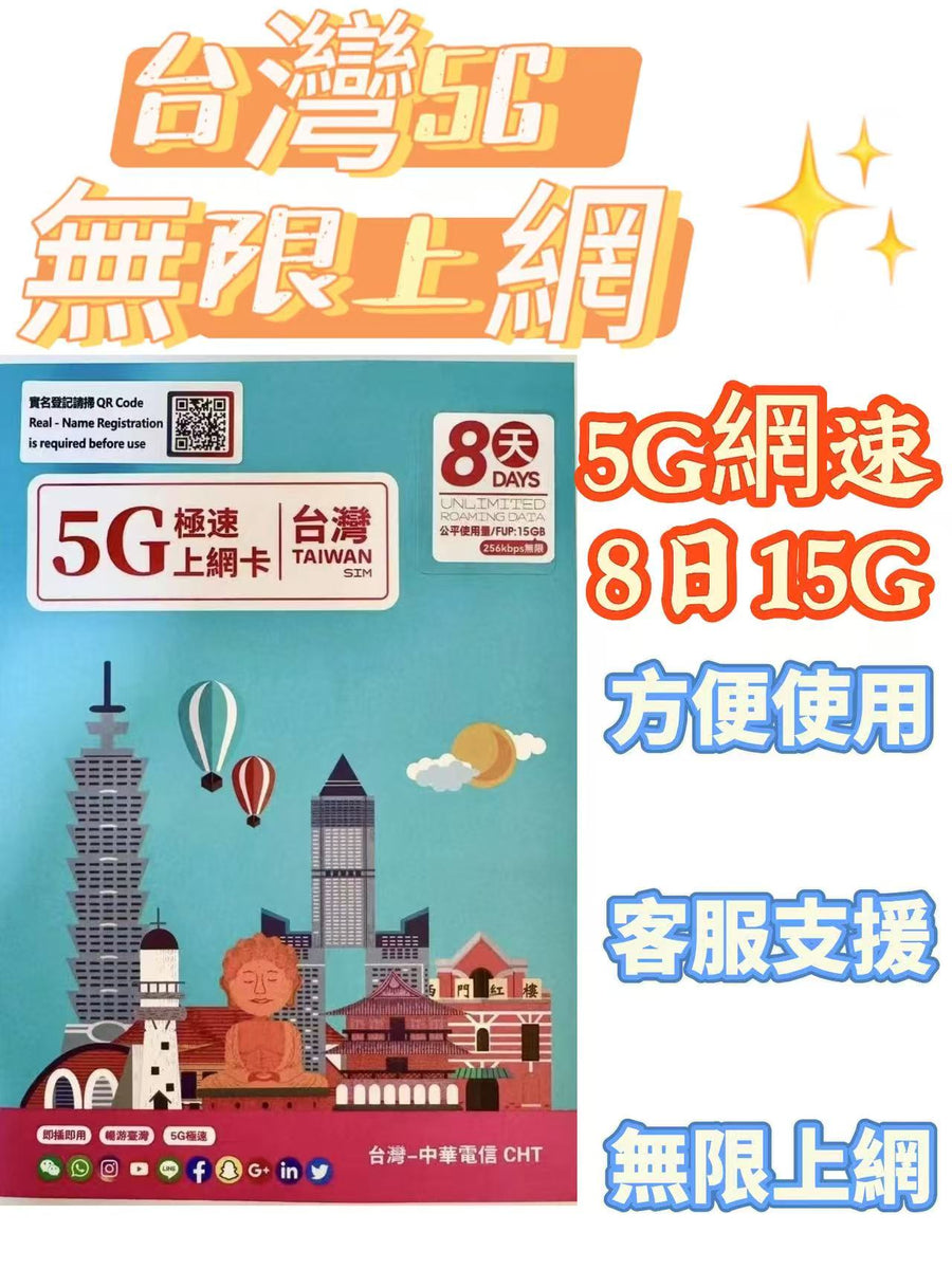 GlocalMe - 台灣【8日 15GB 後 256kbps FUP】5G/4G 極高速 無限數據卡 上網卡 電話卡 旅行電話咭 Data Sim咭(可連接各大社交平台及香港網站)