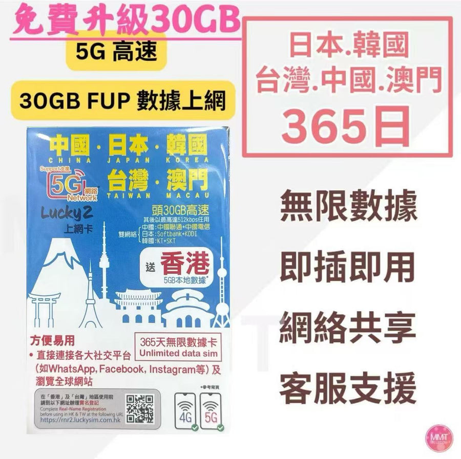 Softbank - 日本/韓國/台灣/中國內地/大陸/ 澳門/香港【365日 30GB FUP】5G/4G Lucky Sim 多國通 極高速 無限數據卡 上網卡 電話卡 旅行電話咭 Data Sim咭(可連接各大社交平台)
