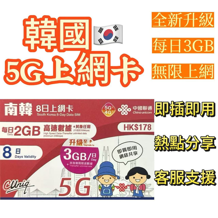 中國移動 - 中國聯通韓國8天無限上網-每日3GB之後限速[8日無限上網】上網卡，旅遊卡，數據卡