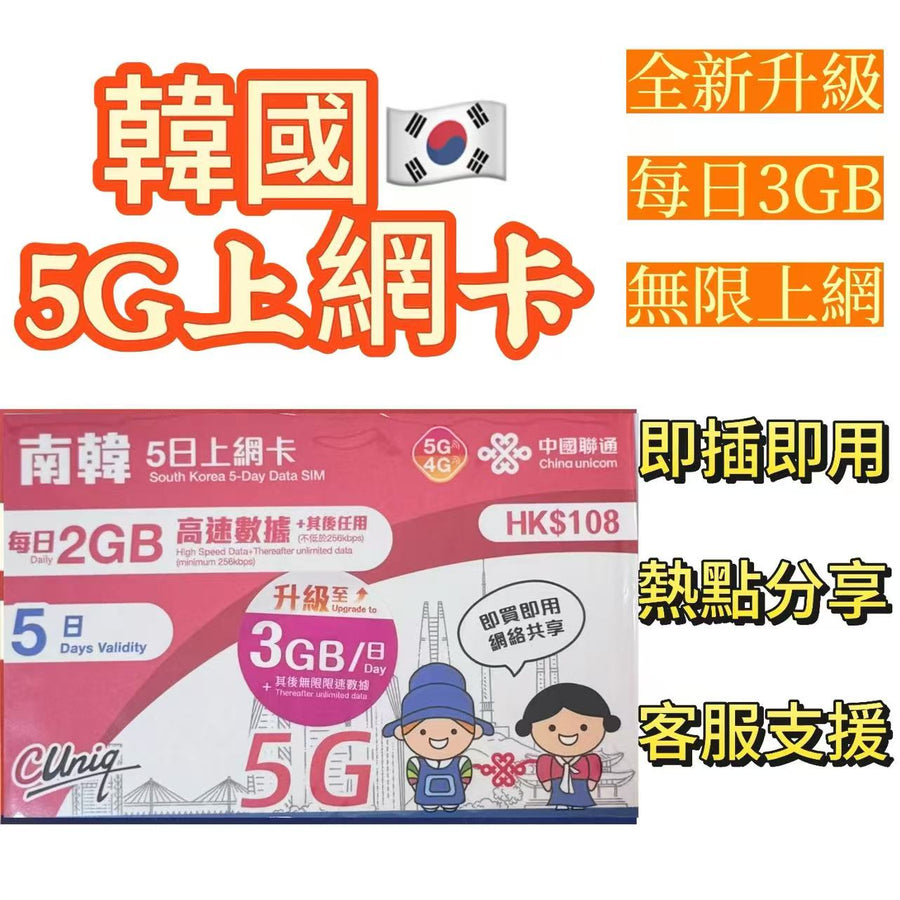 中國移動 - 中國聯通韓國5天無限上網-每日3GB之後限速[8日無限上網】上網卡，旅遊卡，數據卡