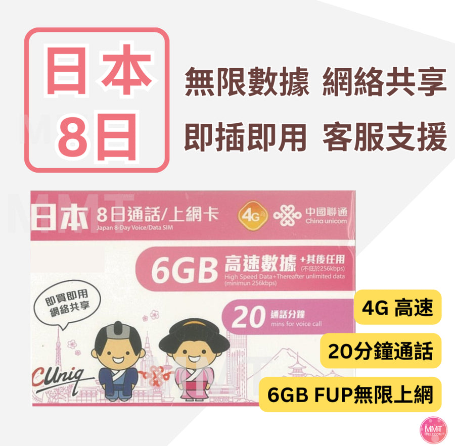 中國聯通[8R日]日本4G/3G通話+極高速 日本無限數據卡 日本上網卡 日本電話卡 旅遊電話卡 Data 日本Sin卡